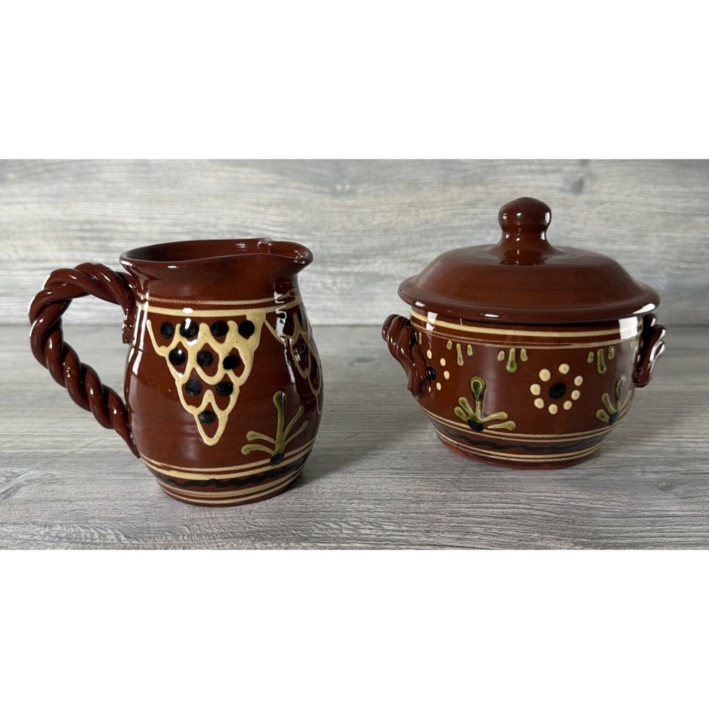 SJ Pottery Redware Covered Sugar & Creamer Pitcher Bethel Missouri Signed